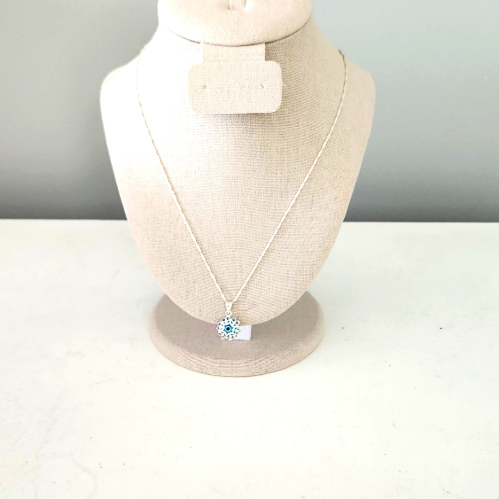 Sterling silver and glass pendant with chain, 'evil eye' design
